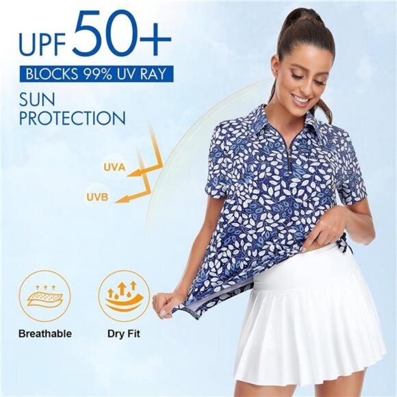 Womens Golf Shirt UPF50+ Sun Protection Short Sleeve 1/4 Zip Up Polo - Picture 4 of 12